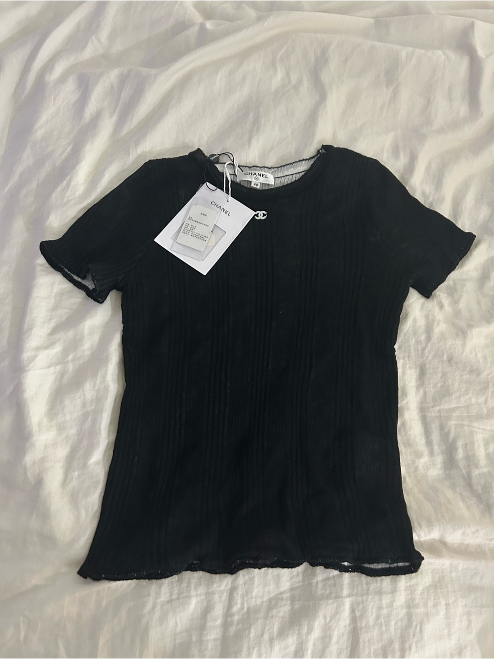 New CHANEL Black Ribbed Short Sleeve Knit Tee with Logo Charm
